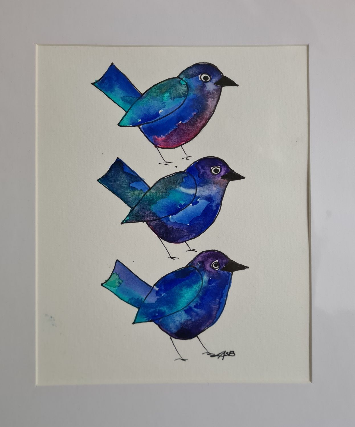 Three Blue Birds Original Water Colour and Ink Original - Size A4 Mounted Artwork