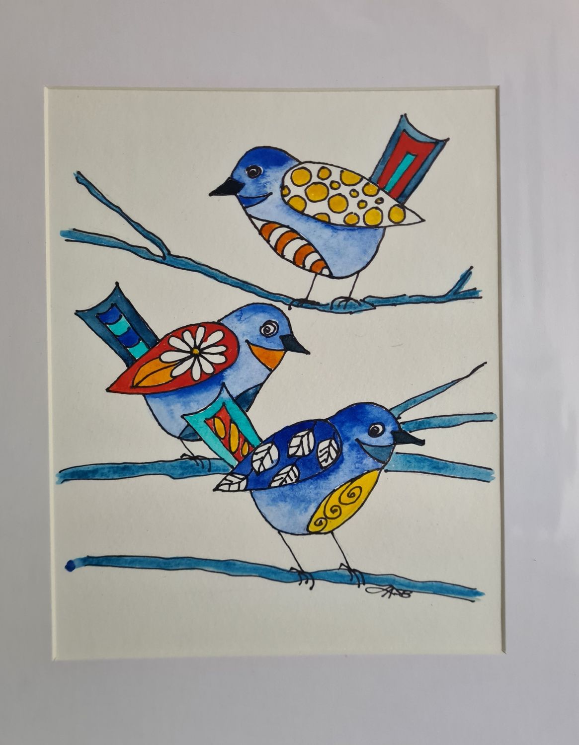 Birdies Original Water Colour and Ink Original - Size A4 Mounted Artwork