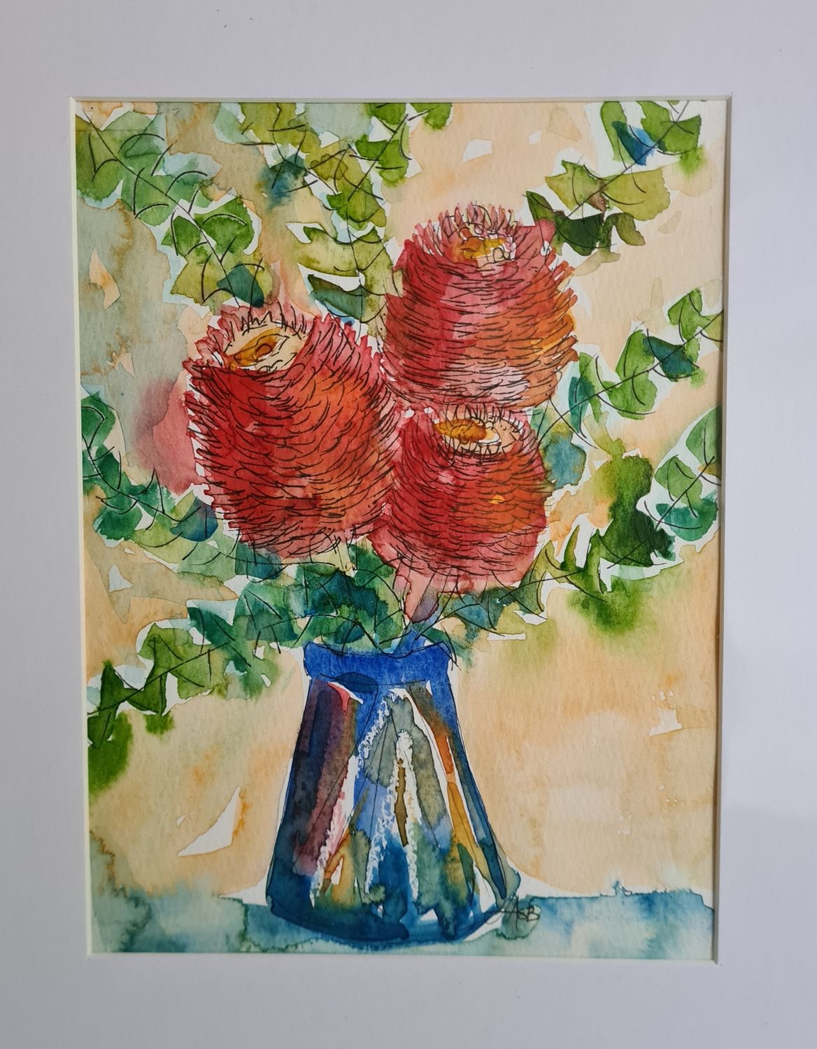 Red Banskia Original Water Colour and Ink Original - Size A4 Mounted Artwork