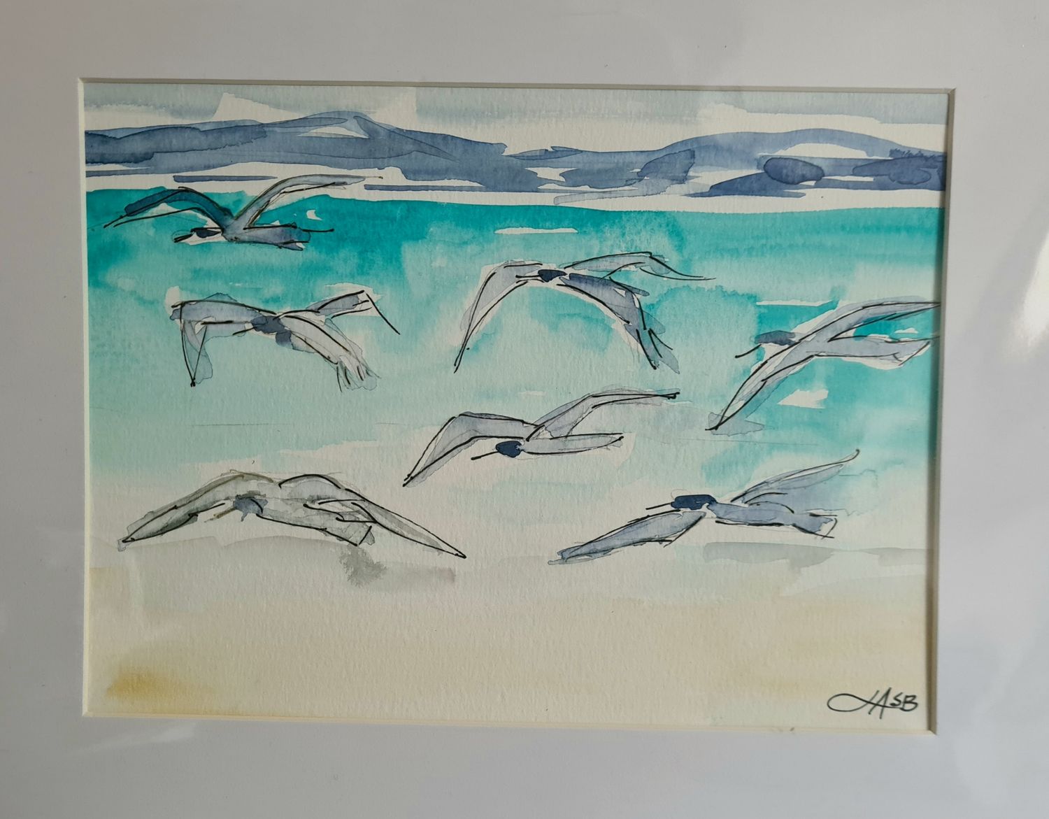 Terns on the Wing Original Water Colour and Ink Original - Size A4 Mounted Artwork