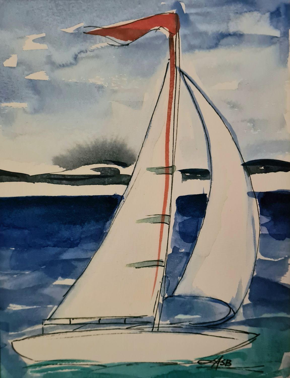 Yacht on the Bay - Original Water Colour and Ink Original - Size A4 Mounted Artwork $55 