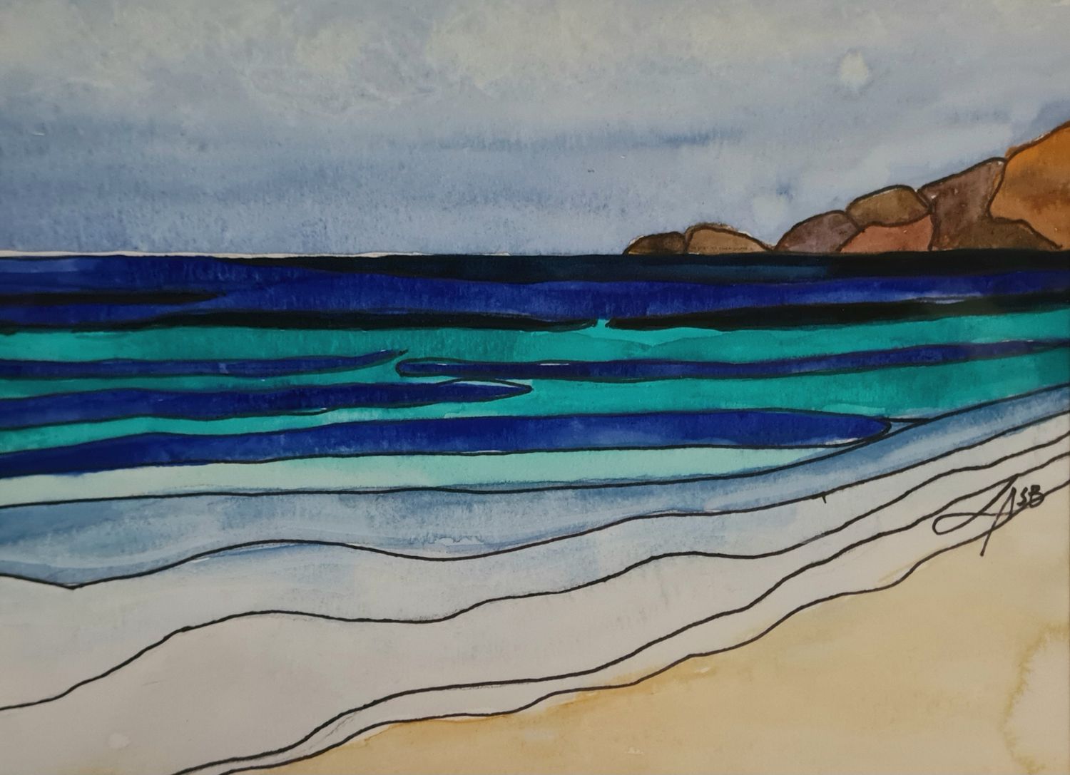 Abstract Bay Original Water Colour and Ink Original - Size A4 Mounted Artwork $55 