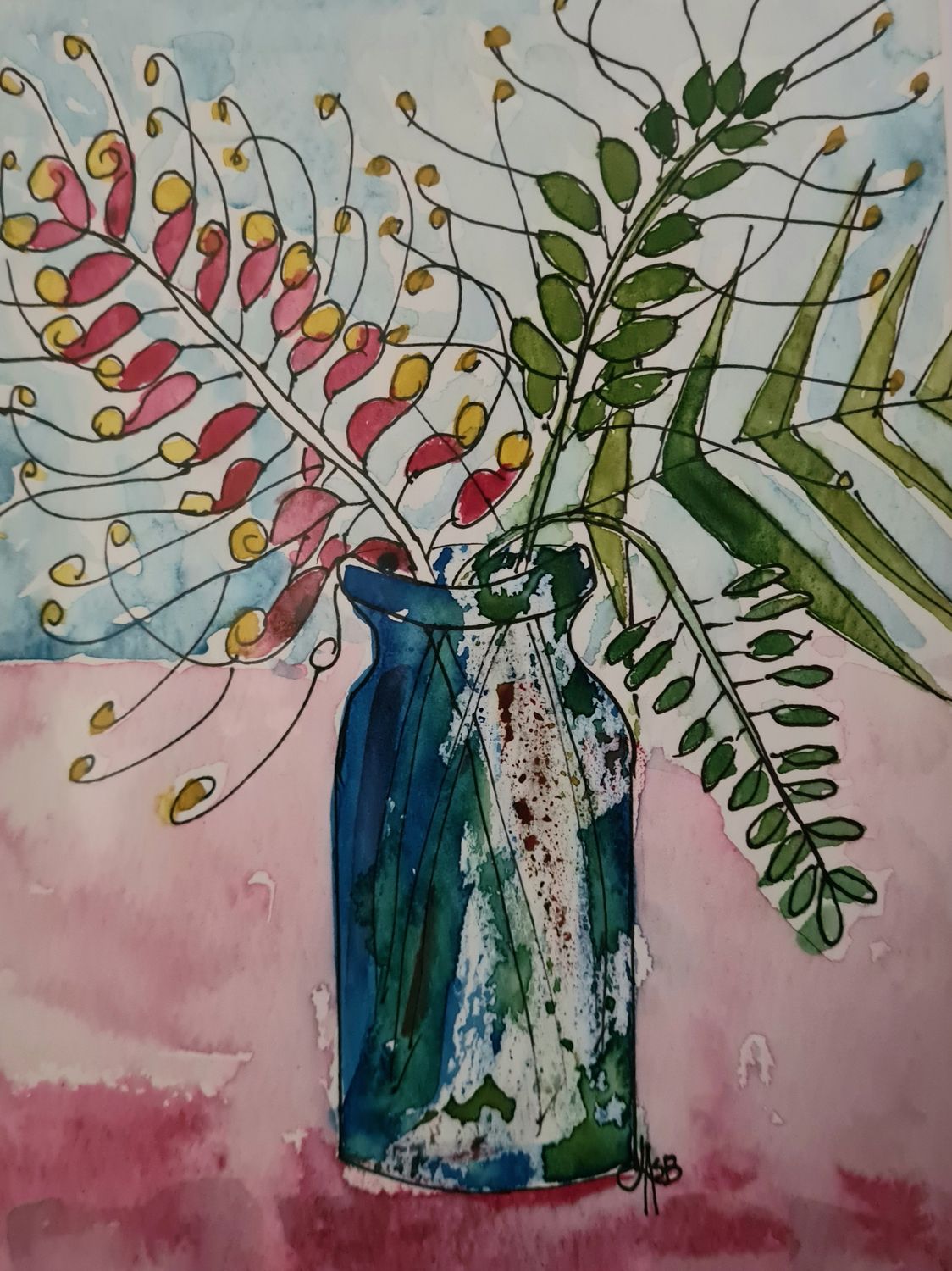 GREVILLA in a Vase - Original Water Colour and Ink Original - Size A4 Mounted Artwork $55 