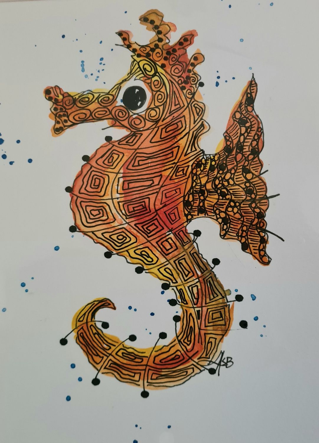 Zen Seahorse - Original Water Colour and Ink Original - Size A4 Mounted Artwork $55 