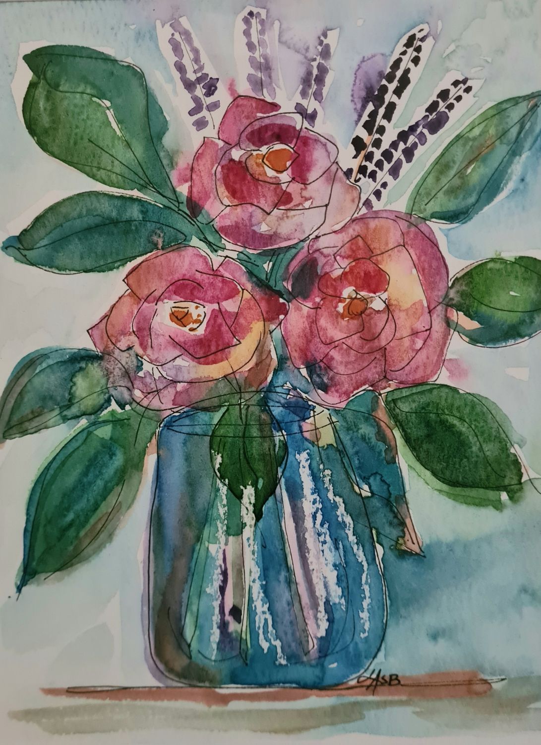 Roses in a Vase - Original Water Colour and Ink Original - Size A4 Mounted Artwork $55 