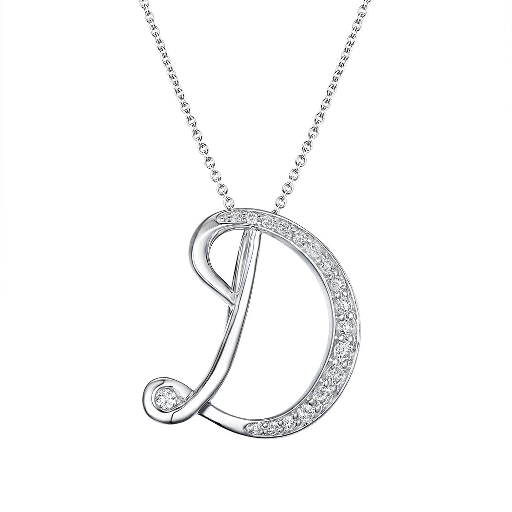 D Pendant in 18K White Gold with Diamonds