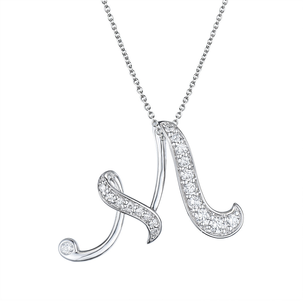 M Pendant in 18K White Gold with Diamonds