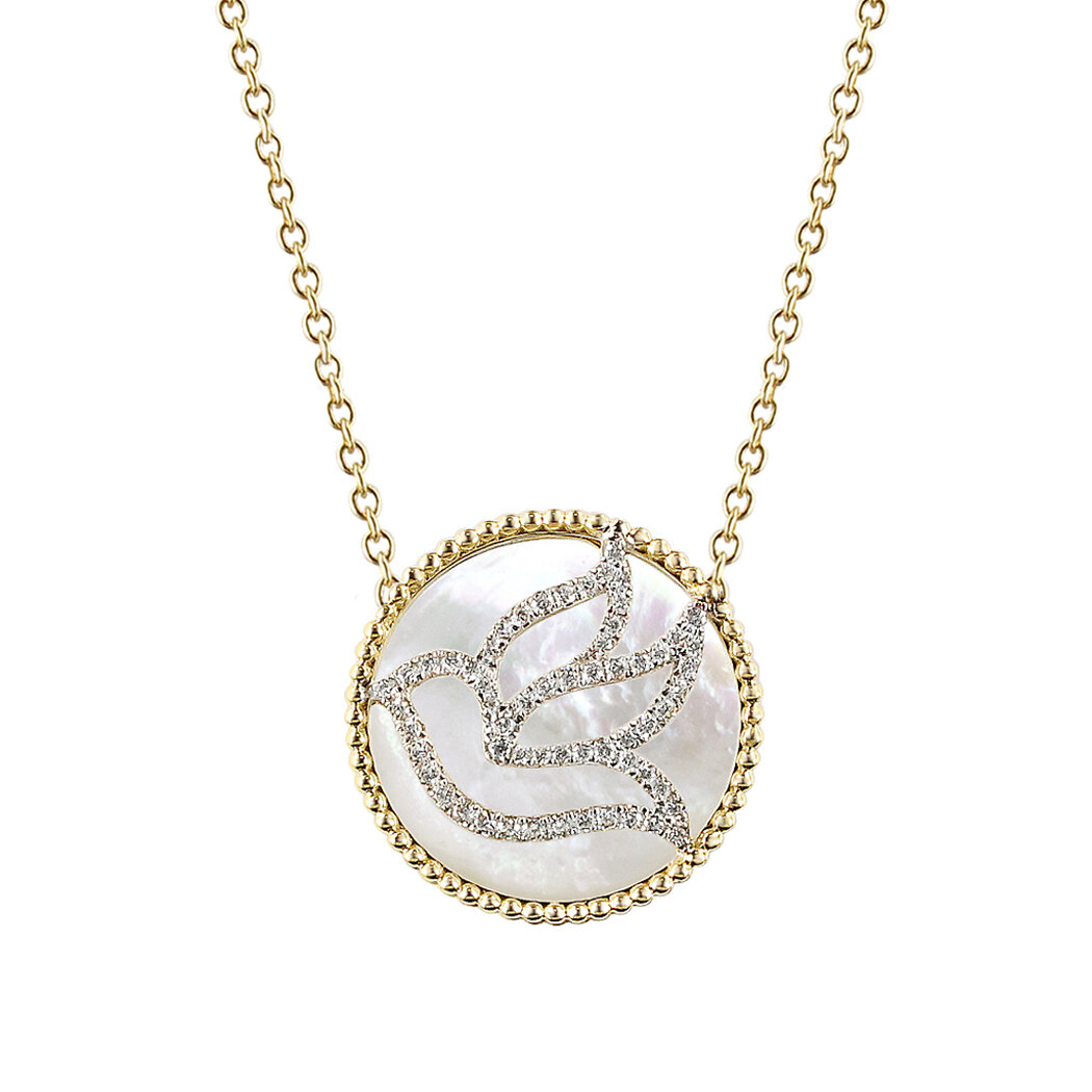 Dove Necklace in 18K Yellow and White Gold with White MOP and Diamonds