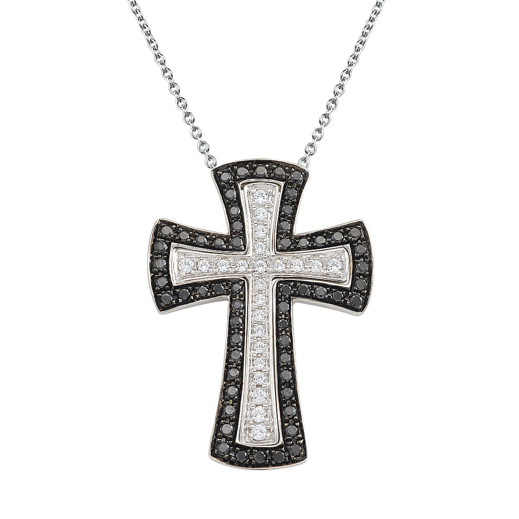 Cross Pendant in 18K White Gold with Black and White Diamonds