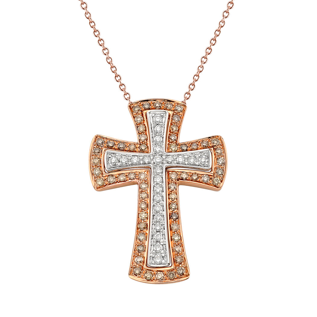 Cross Pendant in 18K Rose and White Gold with Diamonds