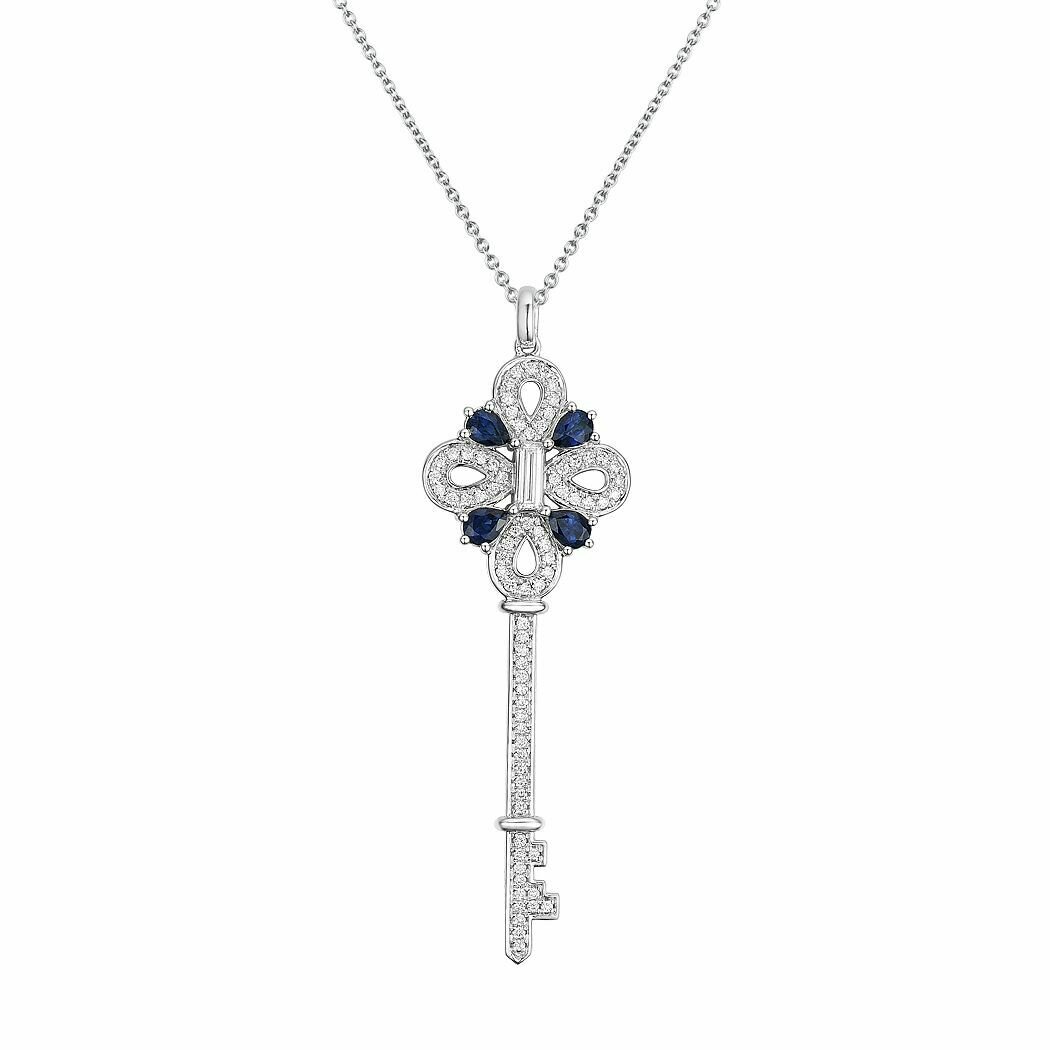 Key Pendant in 18K White Gold with Sapphire and Diamonds