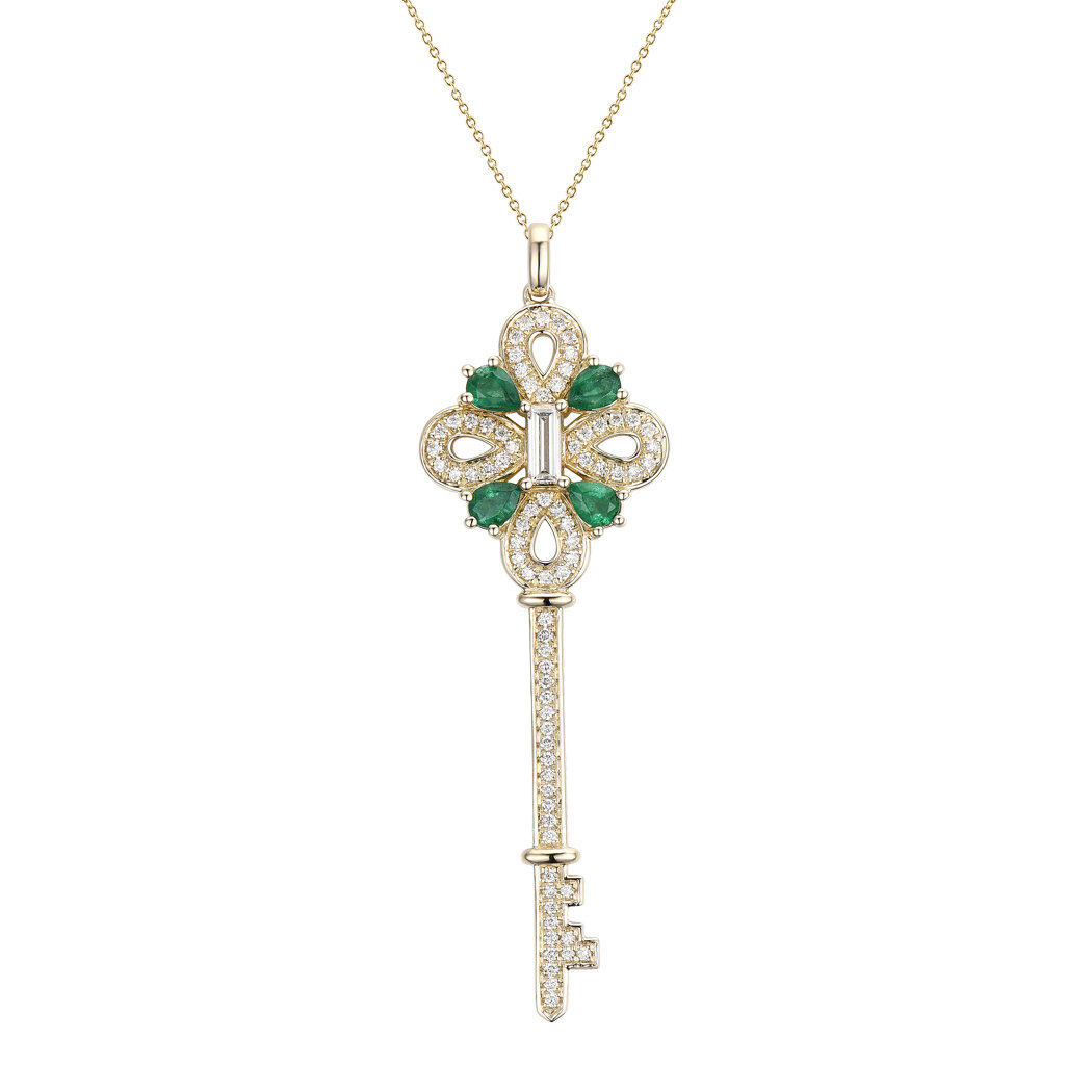Key Pendant in 18K Yellow Gold with Emerald and Diamonds