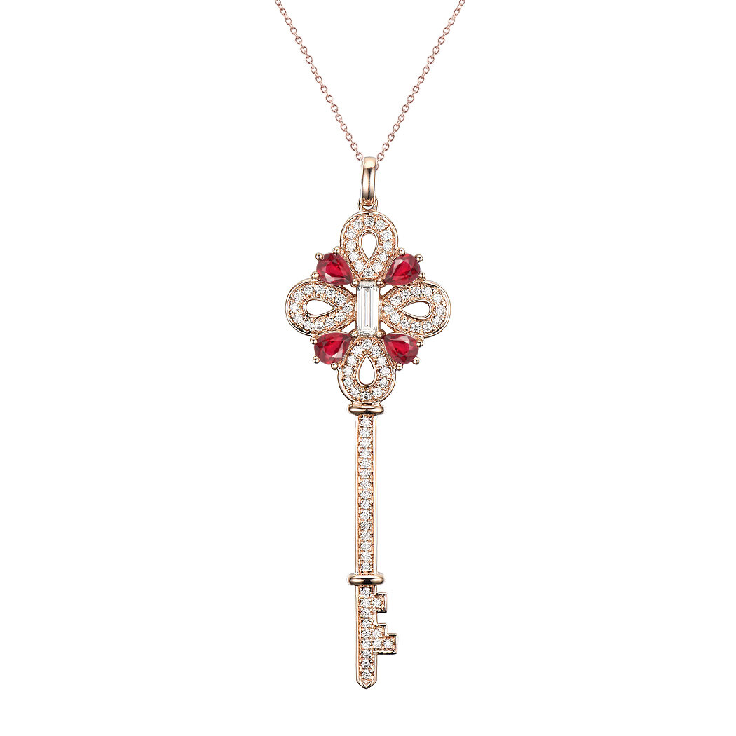 Key Pendant in 14K Rose Gold with Ruby and Diamonds