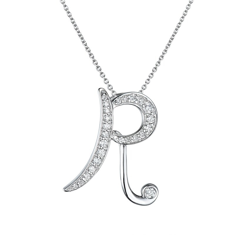 R Pendant in 18K White Gold with Diamonds