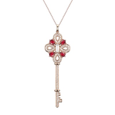 Key Pendant in 14K Rose Gold with Ruby and Diamonds