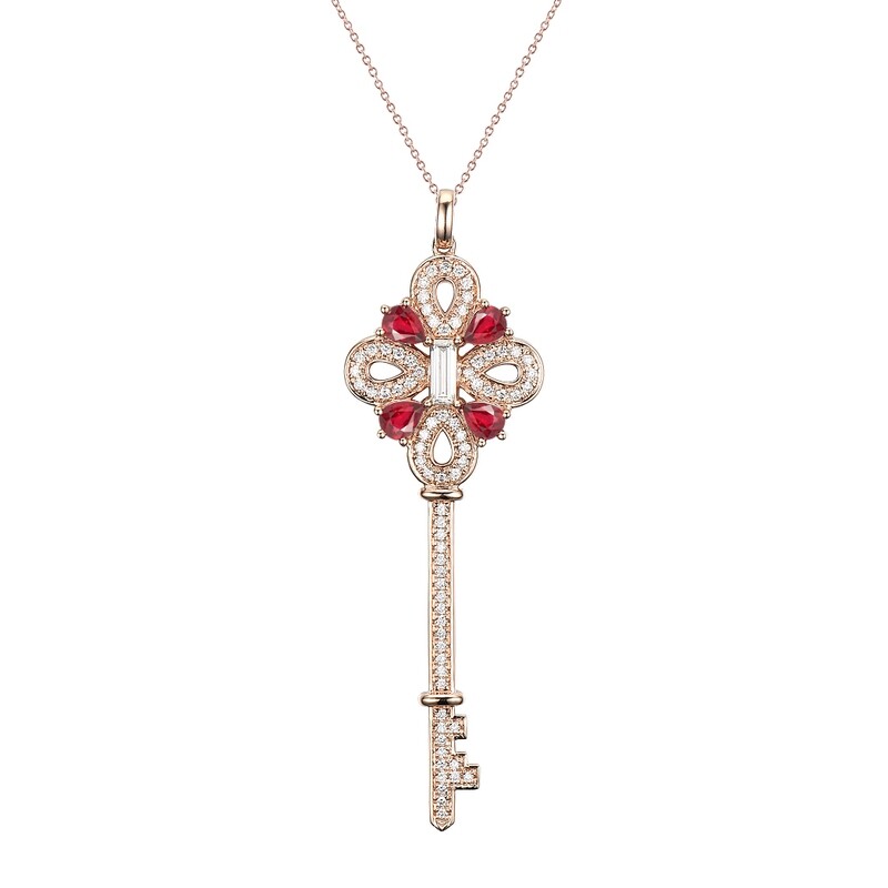 Key Pendant in 14K Rose Gold with Ruby and Diamonds