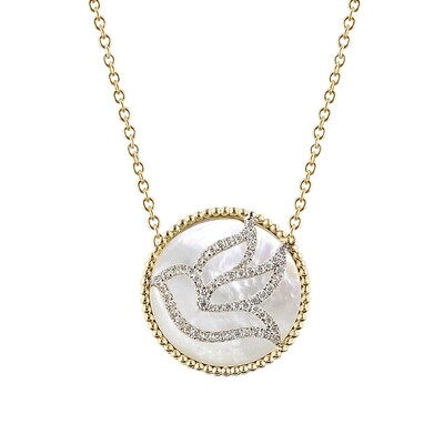 Dove Necklace in 18K Yellow and White Gold with White MOP and Diamonds