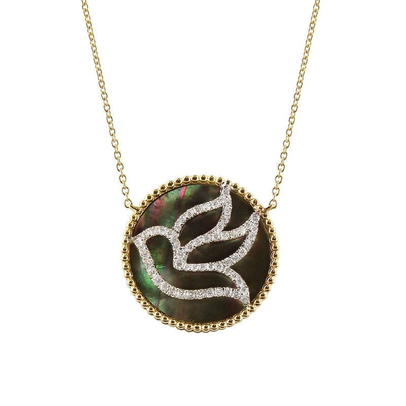 Dove Necklace in 18K Yellow and White Gold with Black MOP and Diamonds