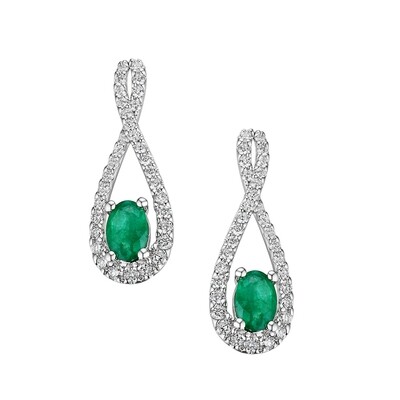 14K White Gold Emerald Diamond Earrings