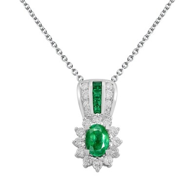 14K White Gold Emerald Diamond Pendant