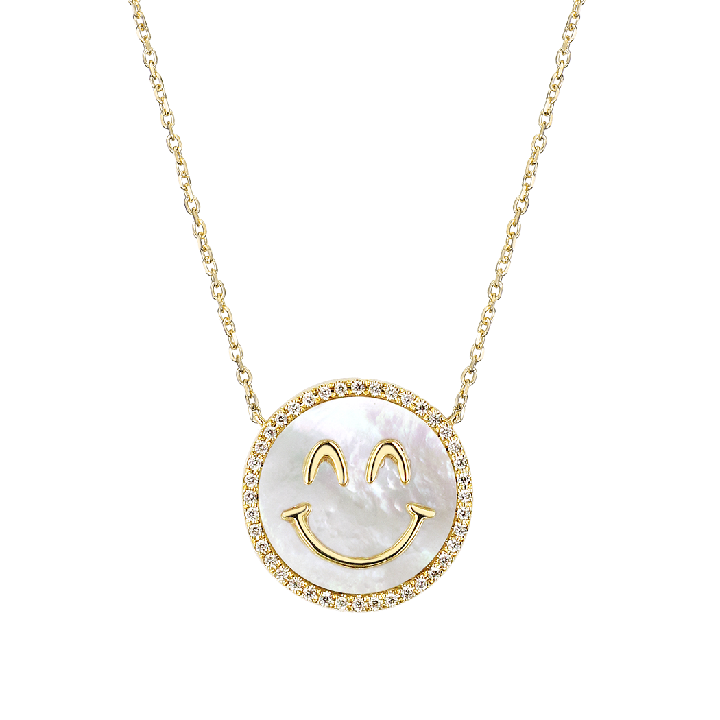 Happy Smile Peace Face White MOP and Diamond Necklace