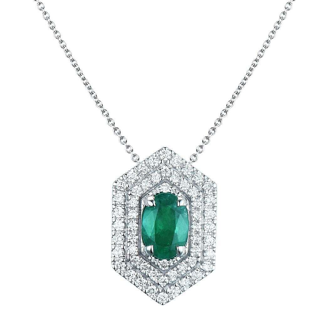 Emerald and Diamond Pendant in 18K White Gold