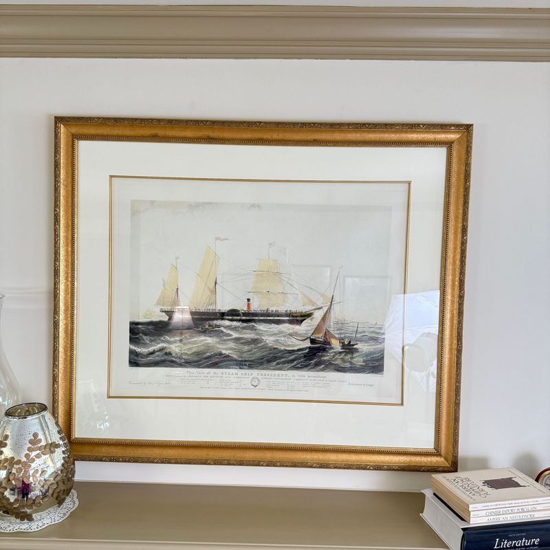 The Steam Ship President by H. Papprill etching print in an elegant gold frame and gold-edged matting 32"H x 38"W