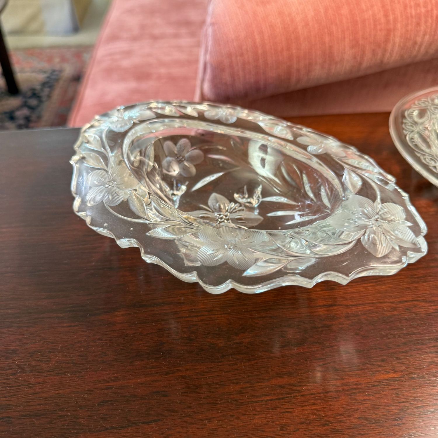 Oval clear crystal footed dish with cut and etched flowers 8"