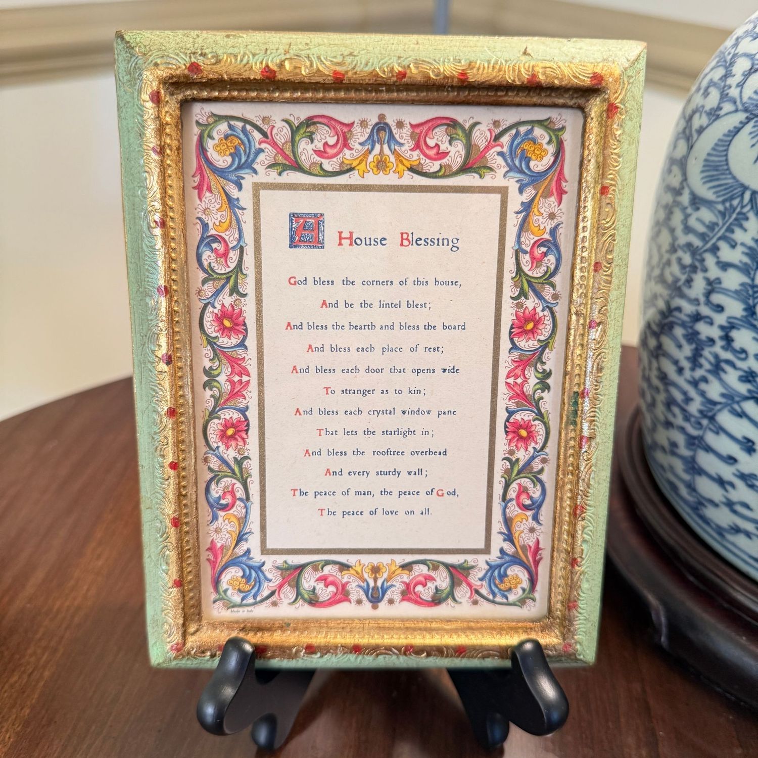 Vintage Kay Bolger (Greenbrier) House Blessing (1970) with green and gold wooden frame 7" x 5.5"