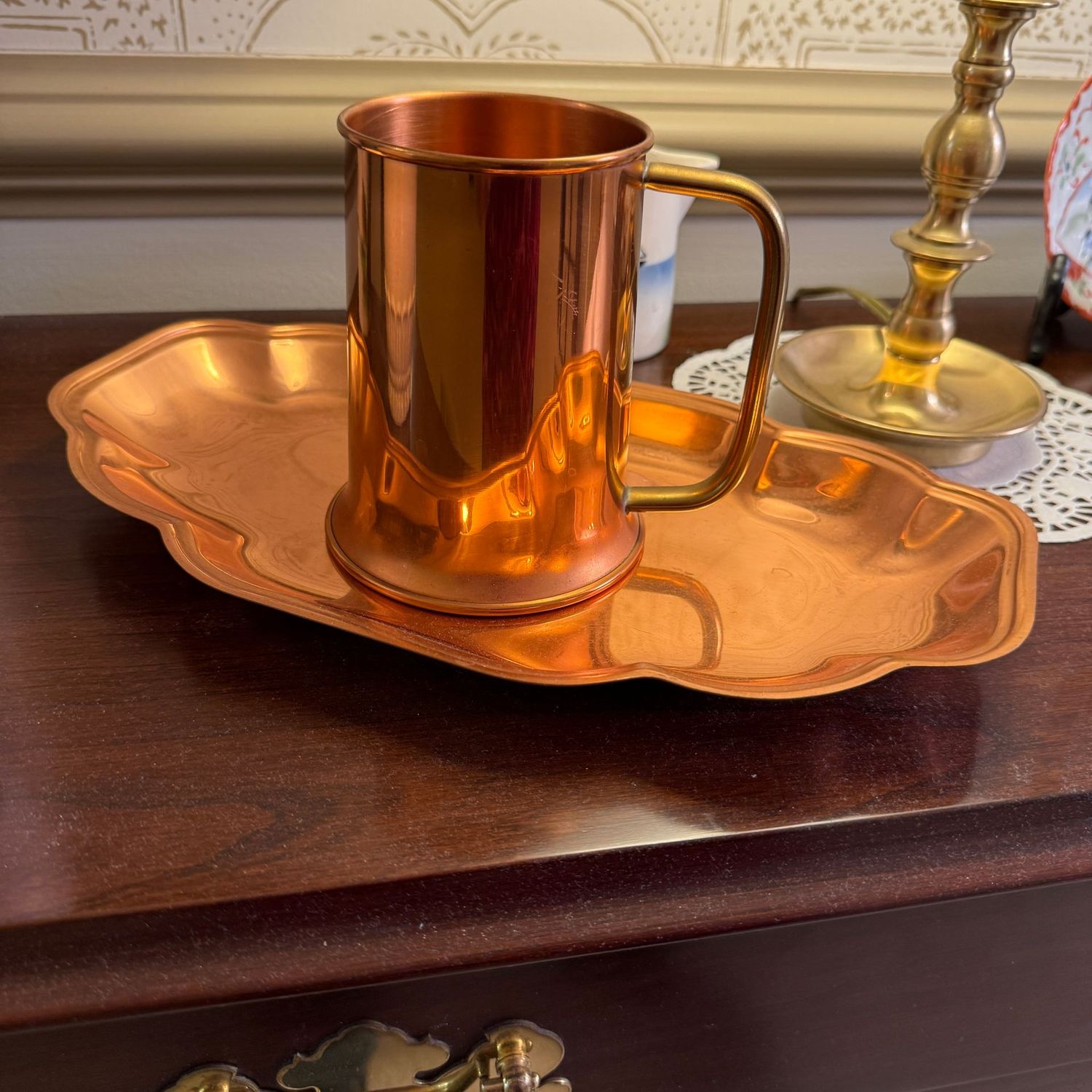 Copper Craft Guild scalloped tray and mug, tray is 11.5"L