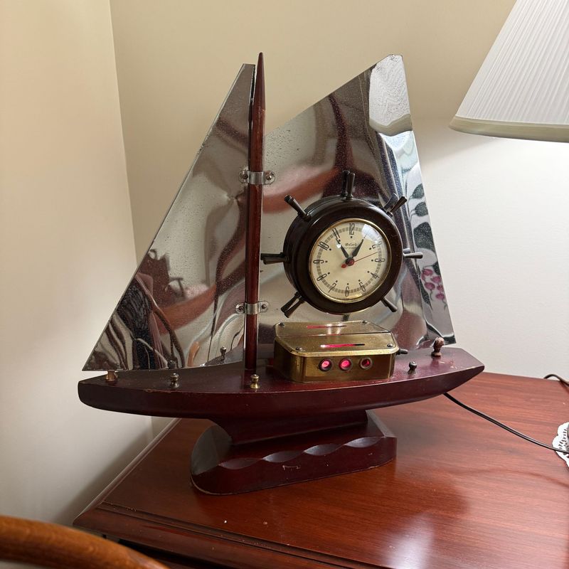 Mid-Century Oxford Self-Starting Gibraltar Ship Clock, chrome sails (need mild cleaning) cabin lights and clock work, some wear to wood around edges 18"H x 18"L