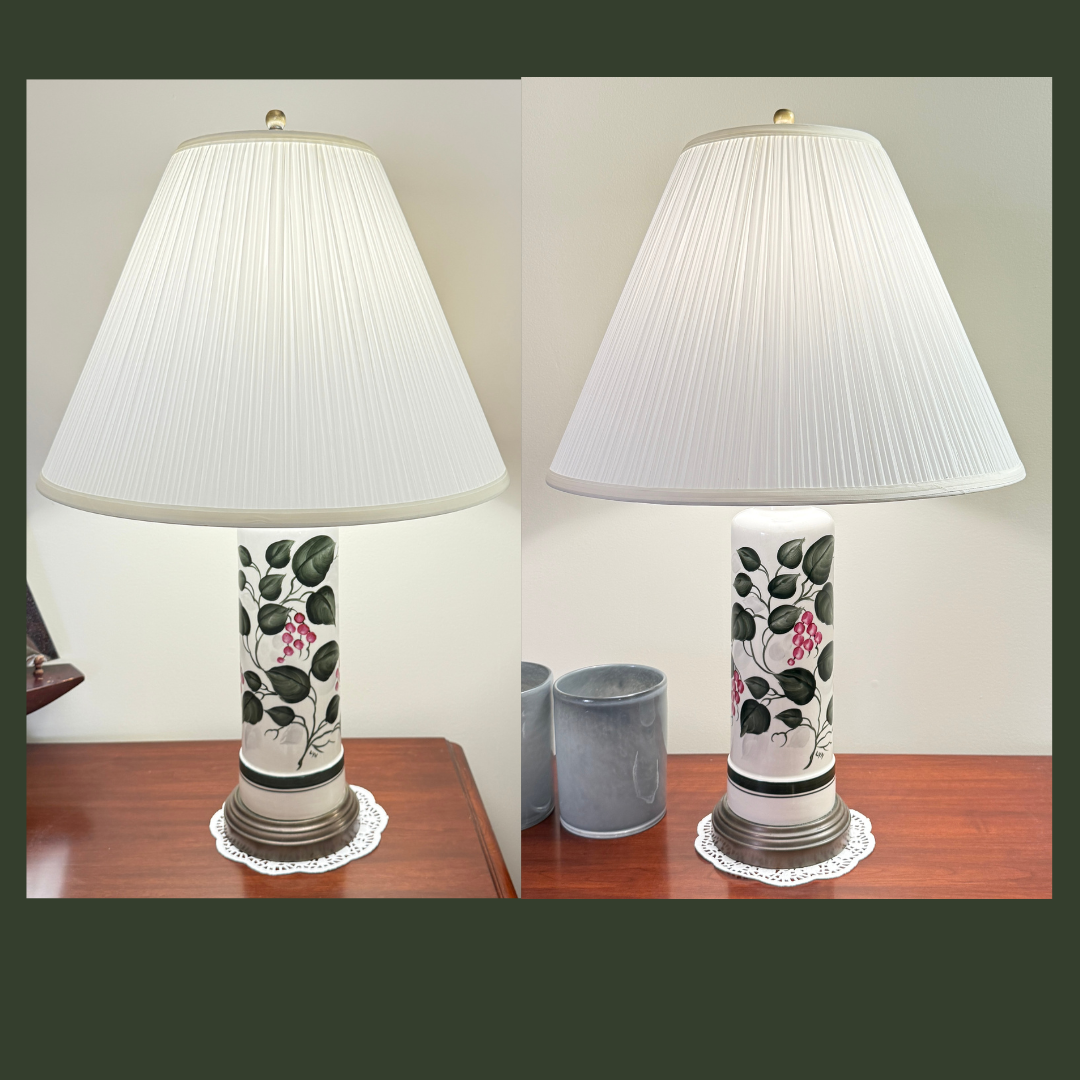 PAIR of hand-painted and signed cylindrical ceramic lamps 26"H x 17"W