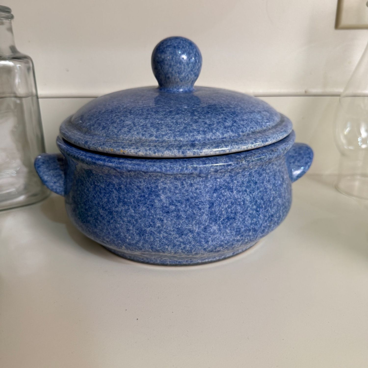 Bleu Cordon sponged blue stoneware, covered casserole 11"W