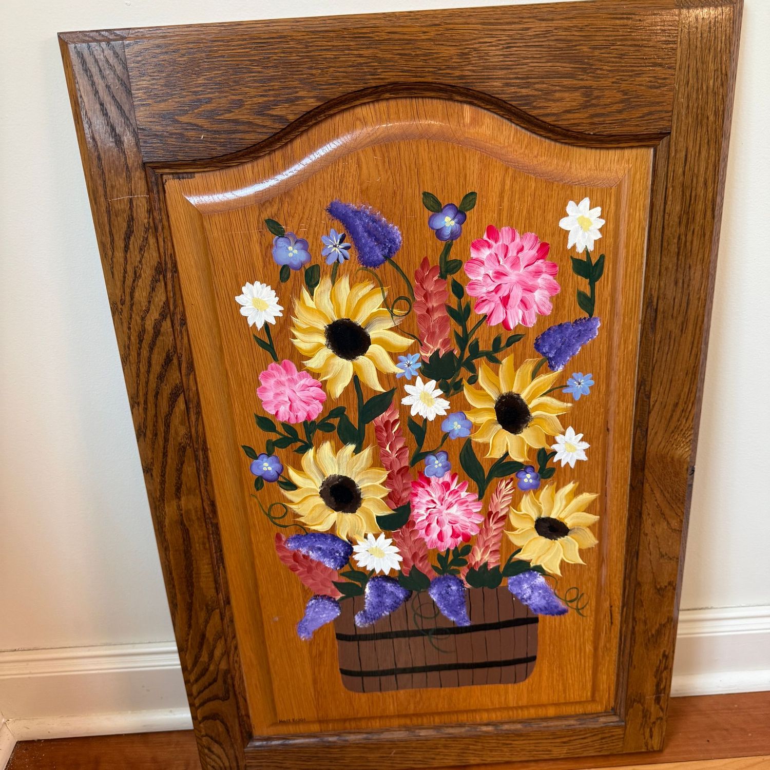 Hand-painted oak cupboard door panel 28"H x 19"W