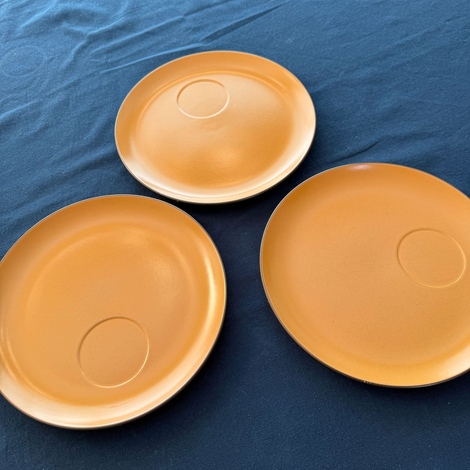 Trio of Jonas Roberts Terra Stone Orange Sherbet dinner plates