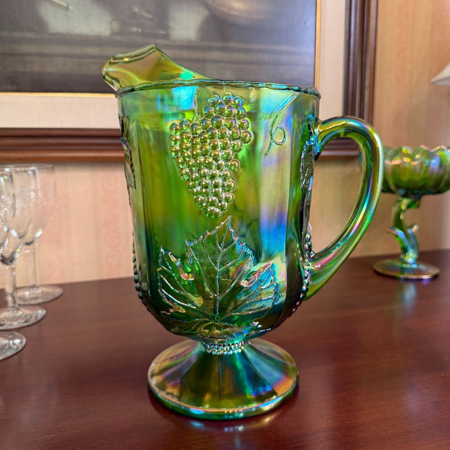 Grapes pattern green carnival glass pitcher 10"H