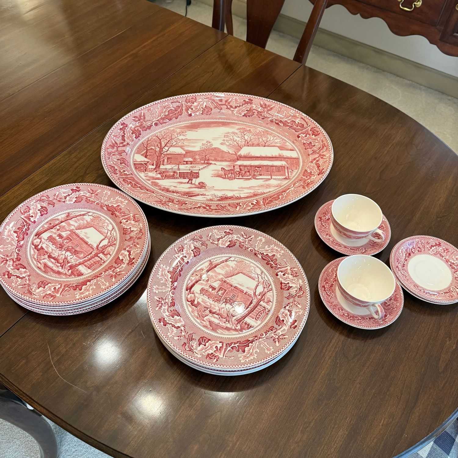 Johnson Bros. Historic America pink china with 2 teacups, 10 dinner plates and one large 20"L platter