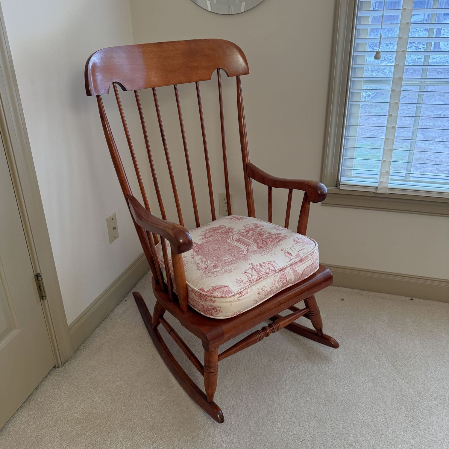 Spindle rocker with thick seat cushion, nice condition, 40"H x 21"W (This item is upstairs)