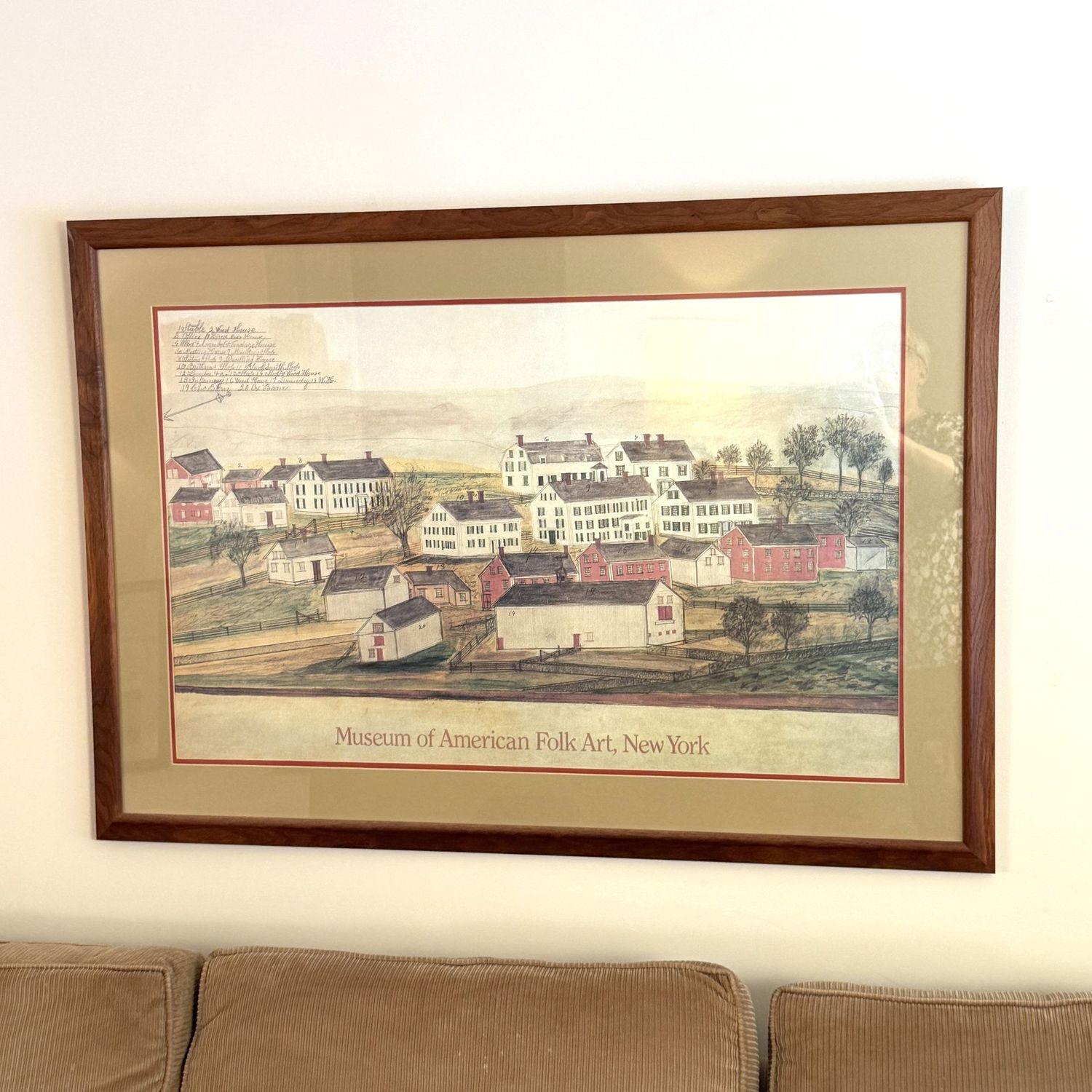 Large Shaker Village print from the Museum of American Folk Art, professionally framed 32"H x 46"W