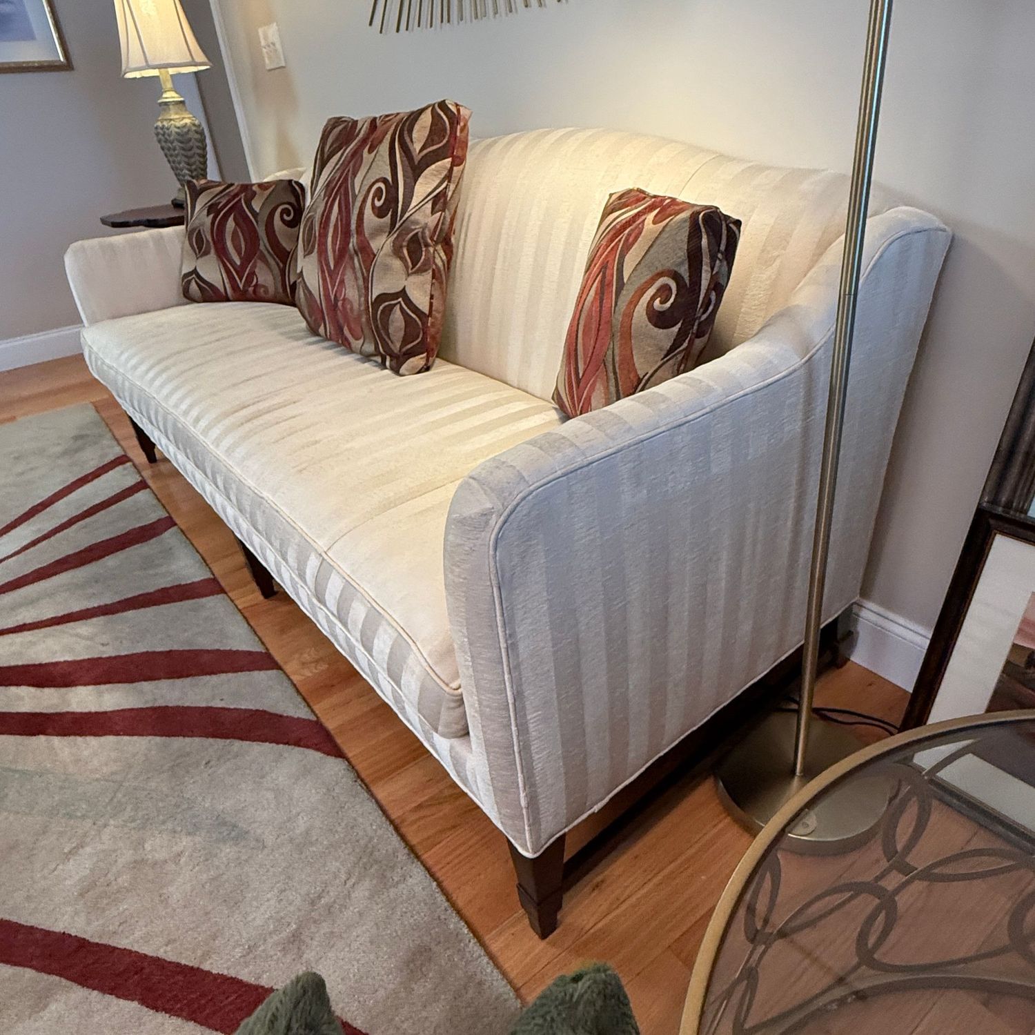 Striped champagne Sherrill sofa, sturdy, comfortable, some wear 30"H x 35"D x 6'10"L