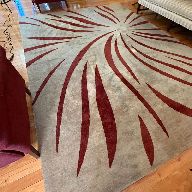 Dalyn Rug Company 'Manhattan' pattern polyacrylic rug with sweeping strokes of birch, paprika, and aloe, some wear, minor spots, 9' x 12' Dalyn Rug Company 'Manhattan' pattern polyacrylic rug with sweeping strokes of birch, paprika, and aloe, some wear, minor spots, 9' x 12'