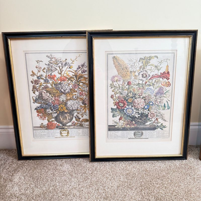 Pair of Furber botanical prints, August & July , black & gold frame 23" x 18"