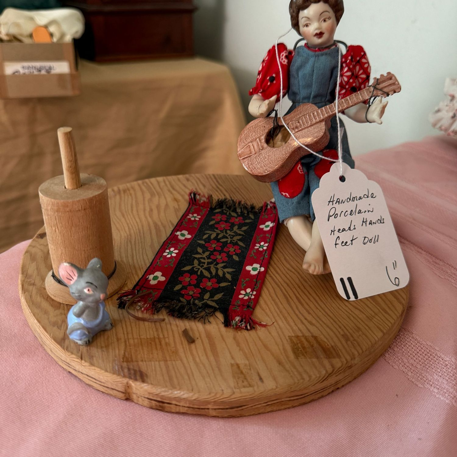 #11 doll handmade porcelain head, hands & feet girl with guitar playing to a mouse, mounted on board 6"