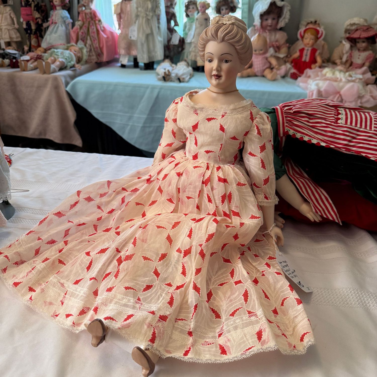 #145 Handmade Clements doll, porcelain hands, arms & feet, cloth body, red and white long dress 23"