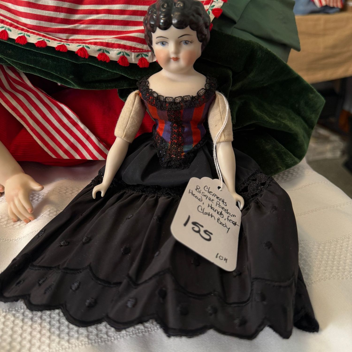 #155 doll - Clements handmade, bisque porcelain head, hands & feet, cloth body, black & red dress/slip 10"