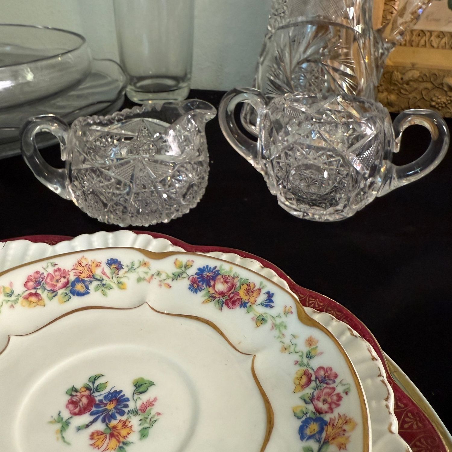 American Brillian cut crystal large open sugar and creamer
