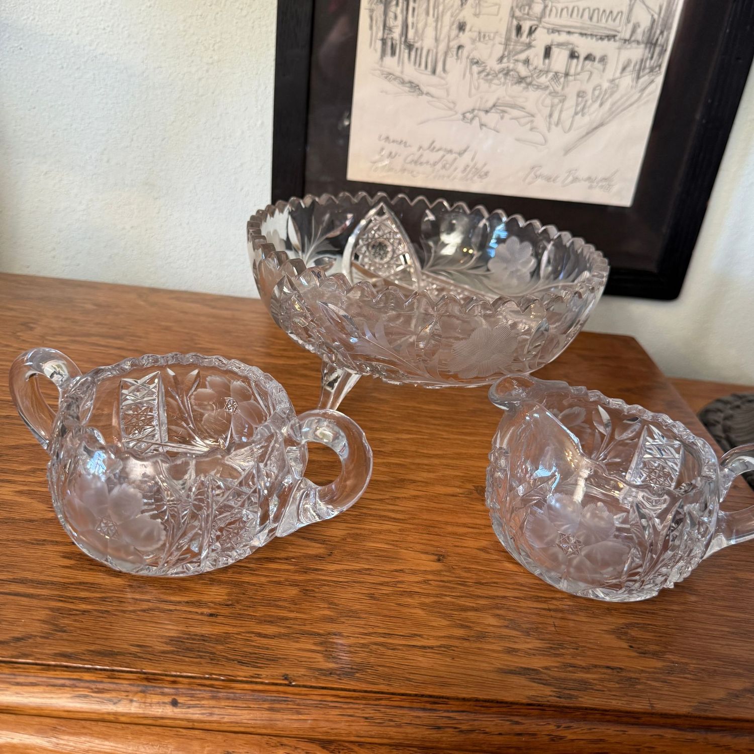 Cut and etched crystal tri-foot 9"W bowl, sugar and creamer