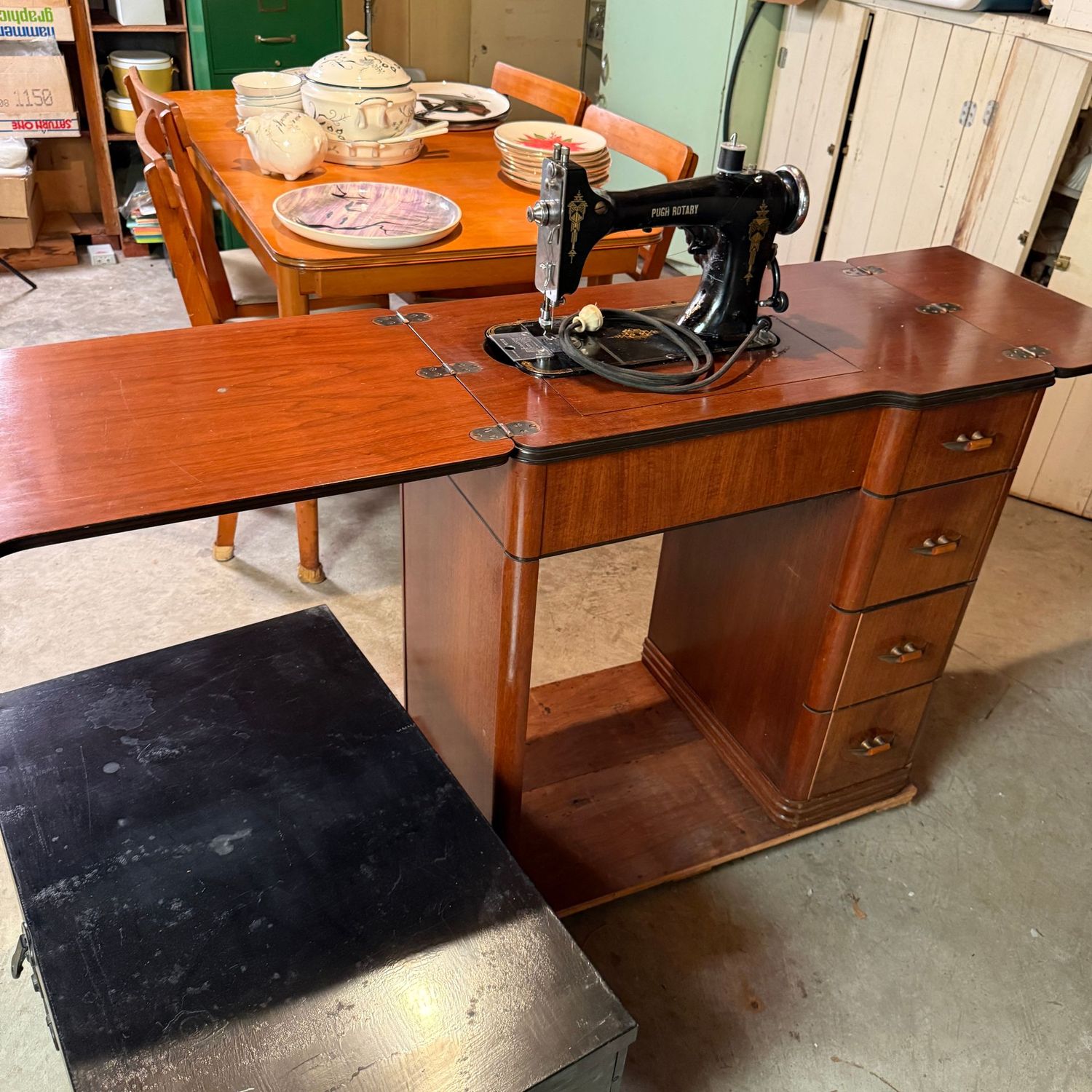 Pugh Rotary sewing machine (not tested as plug is older)  with sewing table, 6.6 ft. long when fully open