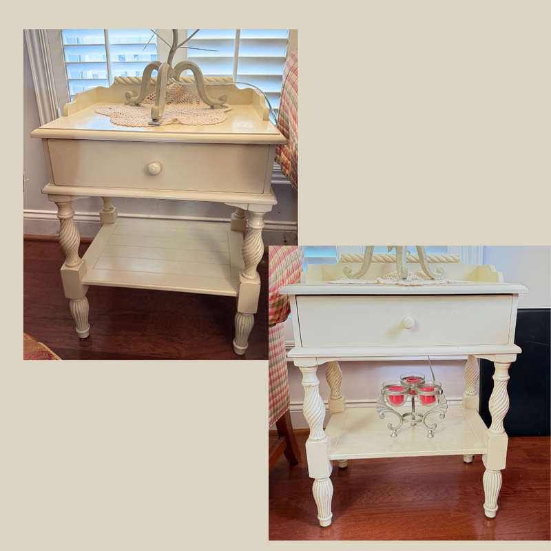 Pair of off-white side tables/nightstands with drawer, mild wear 23"H x 19"W x 14"D