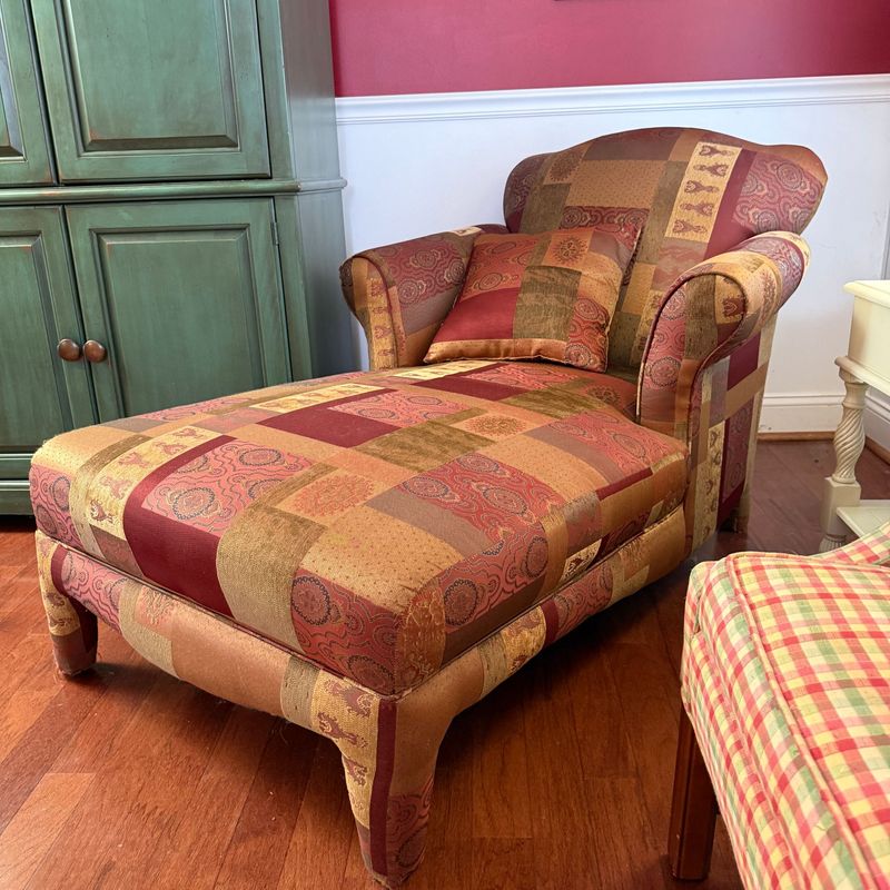 Multicolor patchwork boudoir/fainting chair, a few minor pulls, very comfortable 35"W x 4'8"L